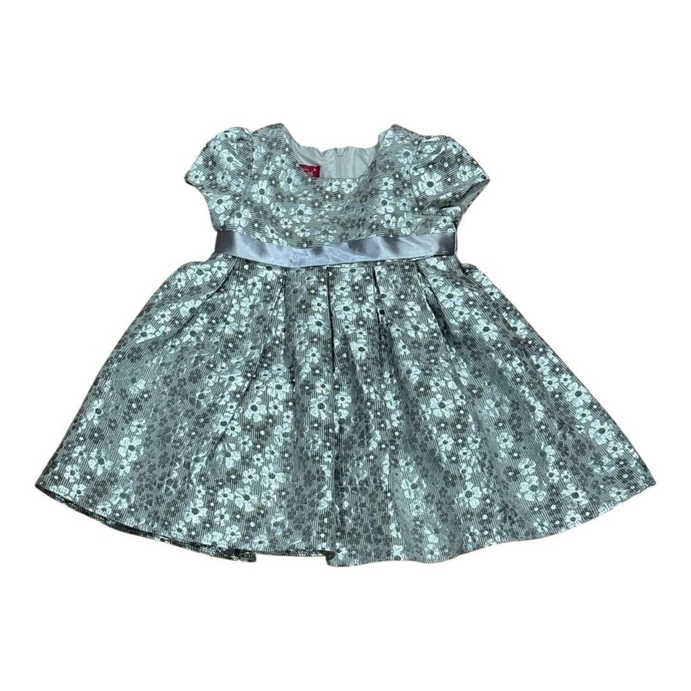 Princess Faith Dress Baby Girls 18M Silver Metallic Floral Jacquard Party Bow